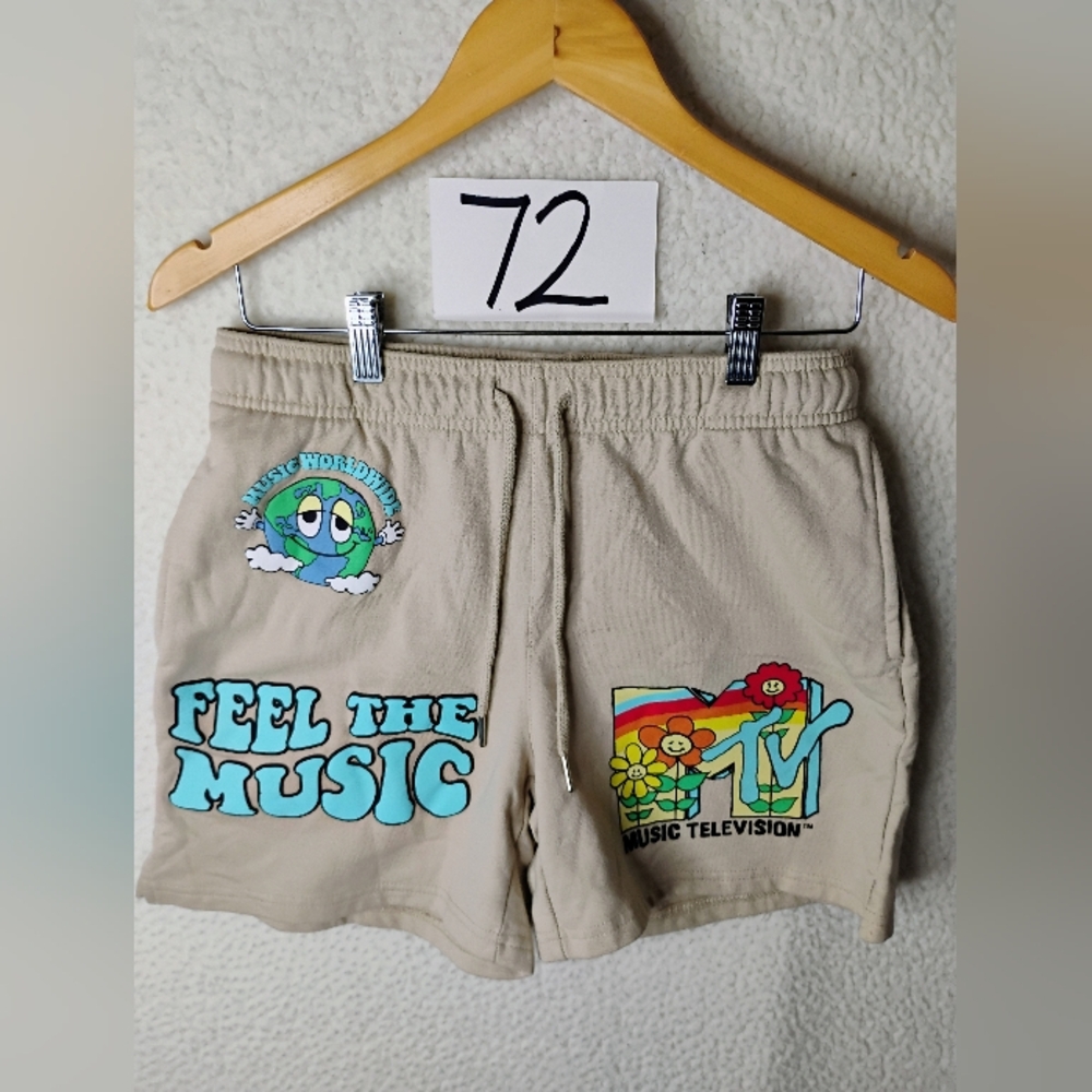 MTV Mens Sweat Shorts Retro Graphics Cream Cotton Blend Pockets Size Small